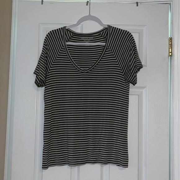 American Eagle olive green and white striped short sleeve shirt with a v neck - Picture 1 of 3